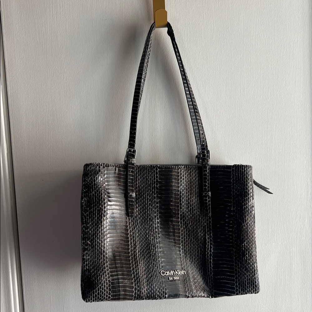 Calvin Klein Black Faux Snakeskin Shoulder Tote brown black